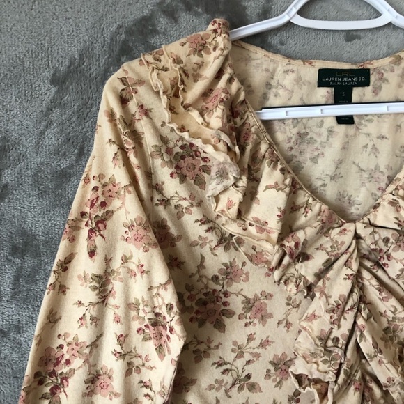 Lauren Jeans Co. Ruffle Neck Top Size S Long Sleeve Floral Cotton Old Money - Picture 4 of 14